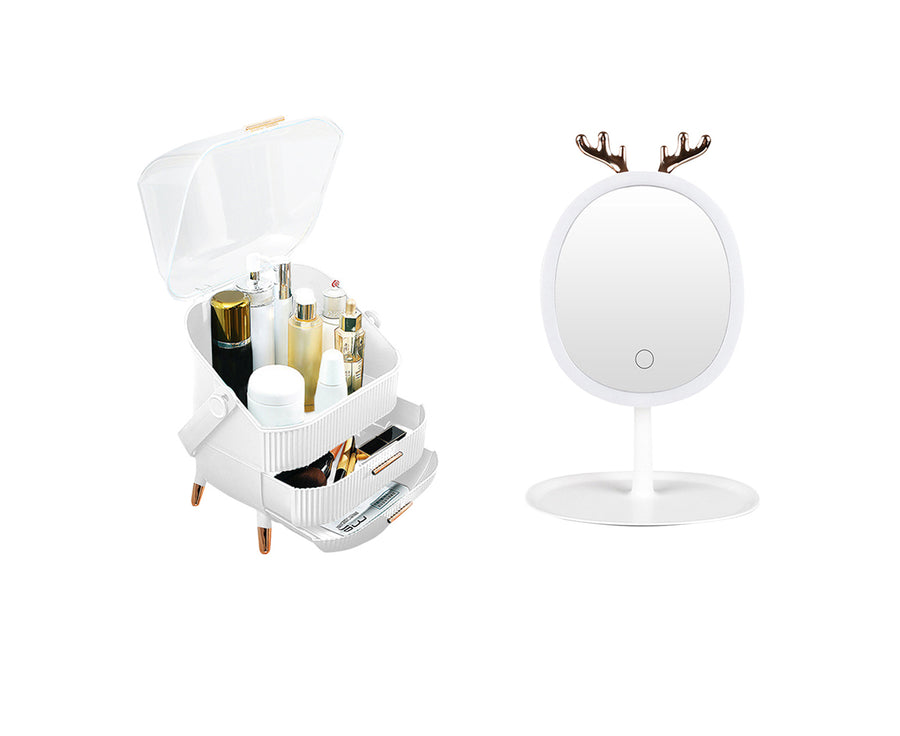 SOGA White Cosmetic Jewelry Storage Organiser with Antler LED Light Mirror Tabletop Vanity Set