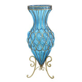 SOGA 67cm Blue Glass Tall Floor Vase with Metal Flower Stand