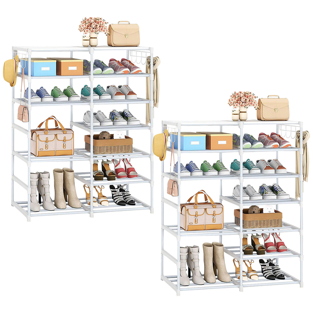 SOGA 2X 12-Shelf Tier Shoe Storage Shelf Space-Saving Caddy Rack Organiser with Side Hooks White