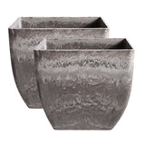 SOGA 2X 27cm Rock Grey Square Resin Plant Flower Pot in Cement Pattern Planter Cachepot for Indoor Home Office