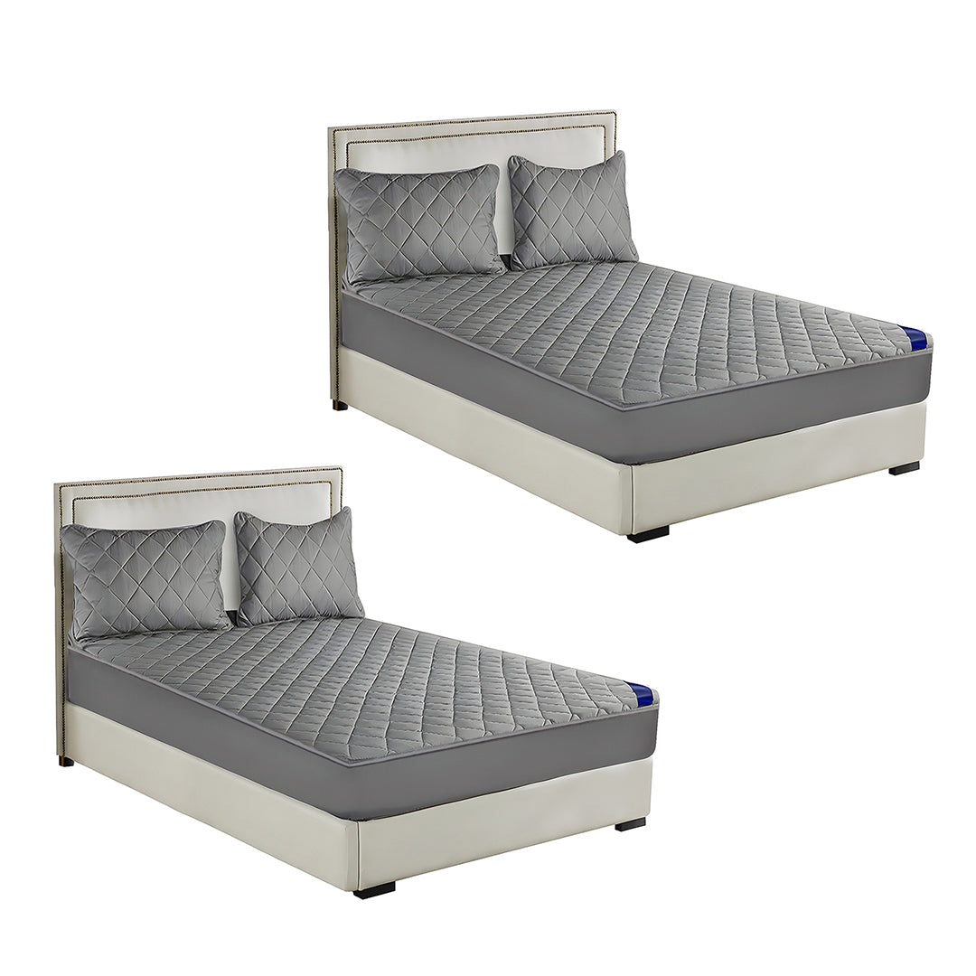 SOGA 2X Grey 138cm Wide Cross-Hatch Mattress Cover Thick Quilted Stretchable Bed Spread Sheet Protector with Pillow Covers