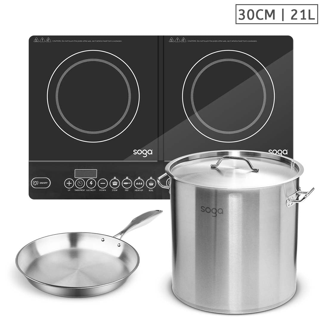 SOGA Dual Burners Cooktop Stove, 21L Stainless Steel Stockpot 30cm and 30cm Induction Fry Pan