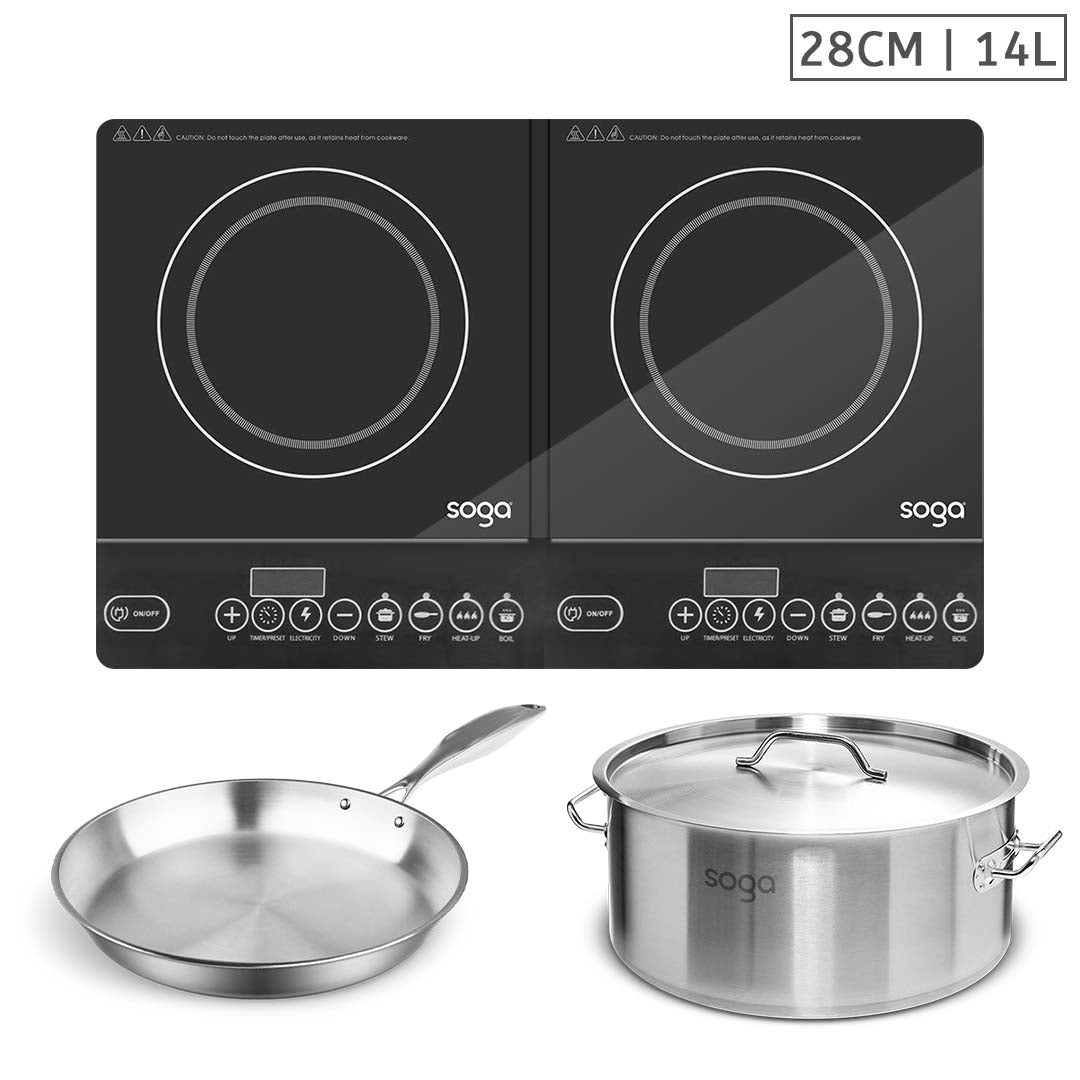 SOGA Dual Burners Cooktop Stove, 14L Stainless Steel Stockpot and 28cm Induction Fry Pan