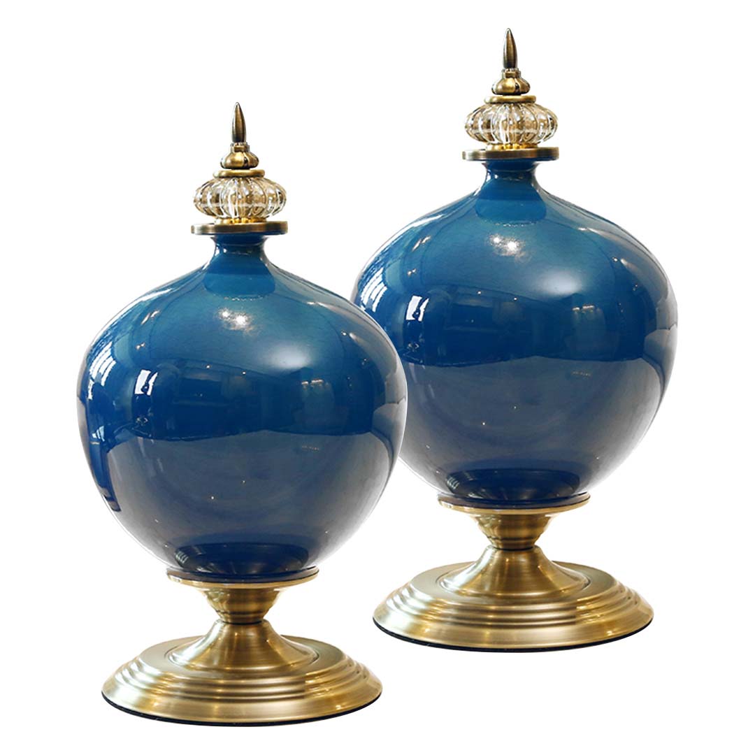 SOGA 2X 38cm Ceramic Oval Flower Vase with Gold Metal Base Dark Blue