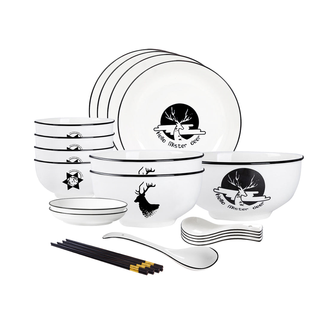 SOGA White Antler Printed Ceramic Dinnerware Set Crockery Soup Bowl Plate Server Kitchen Home Decor Set of 13 13