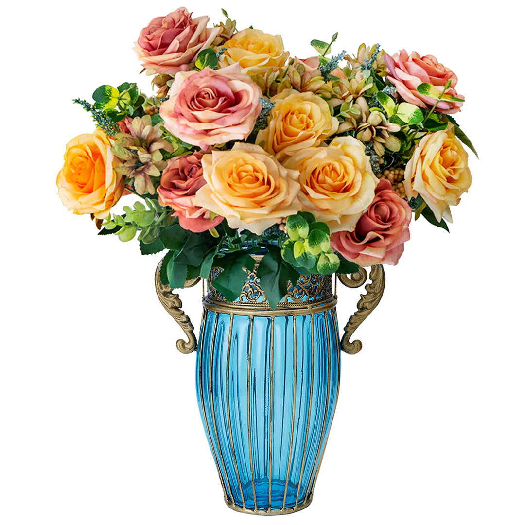 SOGA Blue Colored Glass Flower Vase with 4 Bunch 11 Heads Artificial Fake Silk Rose Home Decor Set Set