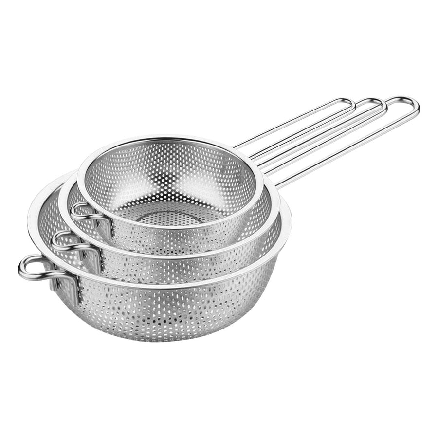 SOGA Stainless Steel Perforated Colander Fine Mesh Net Food Strainer Basket with Handle Skimmer Sieve Set
