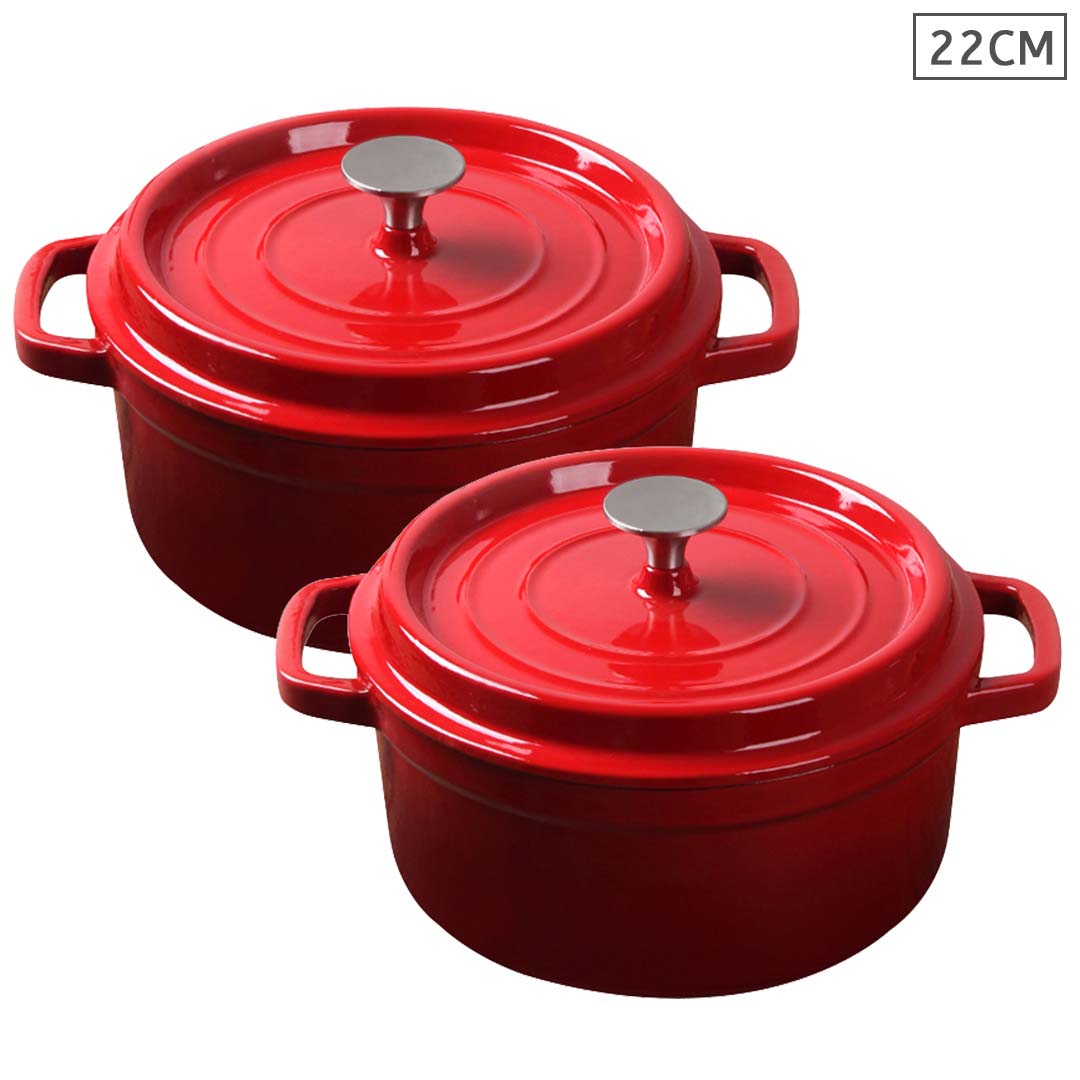 SOGA 2X Cast Iron 22cm Enamel Porcelain Stewpot Casserole Stew Cooking Pot With Lid Red