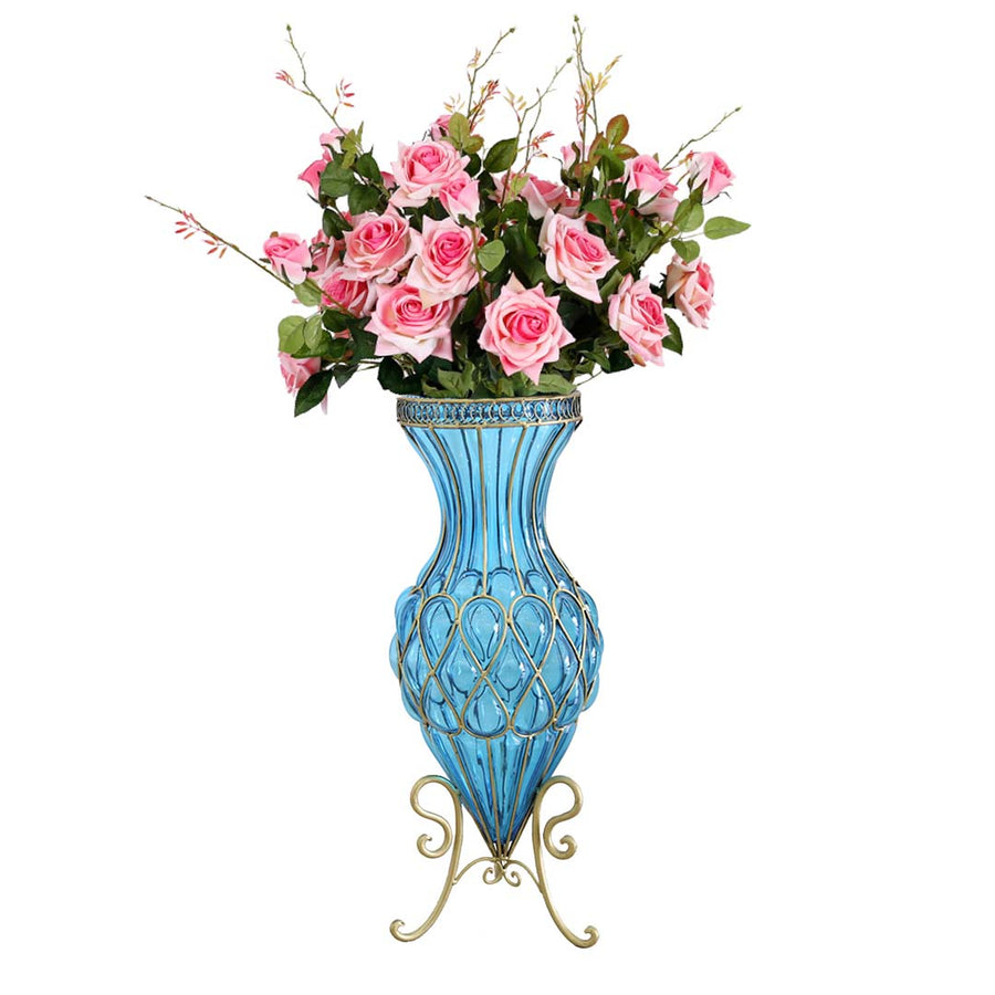 SOGA 67cm Blue Glass Tall Floor Vase and 12pcs Pink Artificial Fake Flower Set