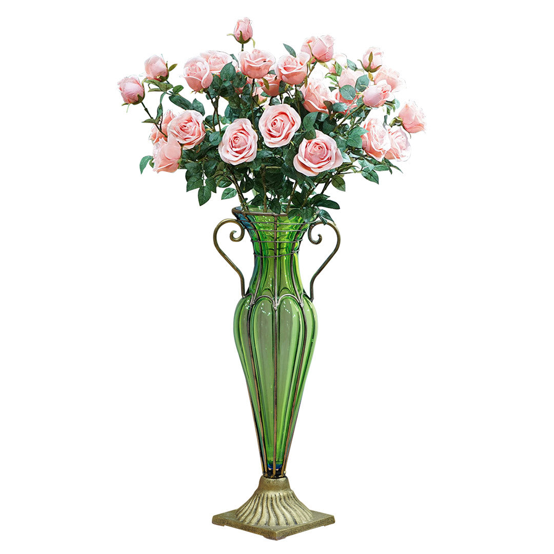 SOGA Green Colored Glass Flower Vase with 8 Bunch 5 Heads Artificial Fake Silk Rose Home Decor Set