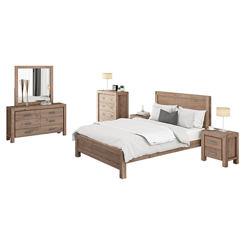 5 Pieces Bedroom Suite in Solid Wood Veneered Acacia Construction Timber Slat Queen Size Oak Colour Bed, Bedside Table ,