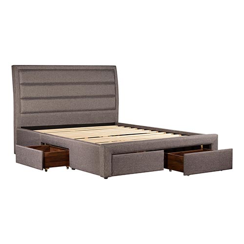 4 Pieces Storage Bedroom Suite Upholstery Fabric in Light Grey with Base Drawers King Size Oak Colour Bed, Bedside Table