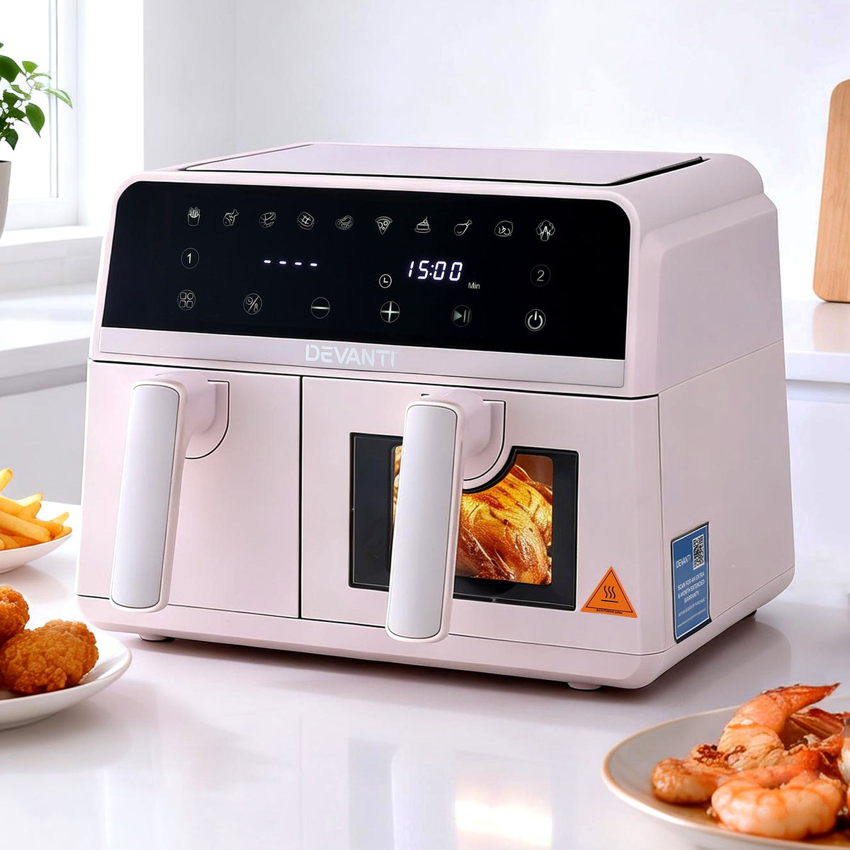 Devanti Air Fryer 9L Dual Zone Fryers 2600W Pink