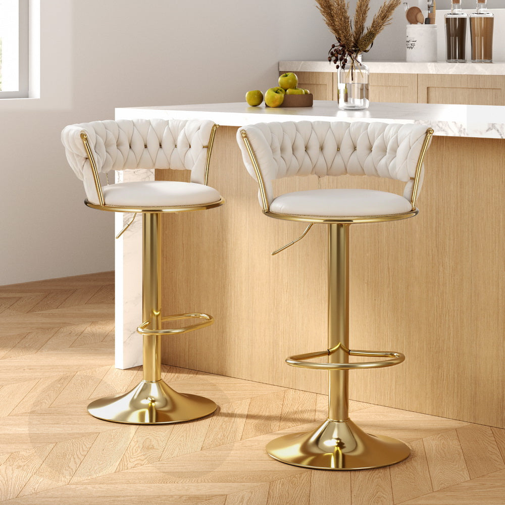Artiss 2x Bar Stools Gas Lift Velvet Woven Backrest Ivory
