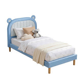 Artiss Kids King Single Bed Frame Upholstered Bear Headboard Waterproof Leather Boys Bed 180kg Capacity Blue and White