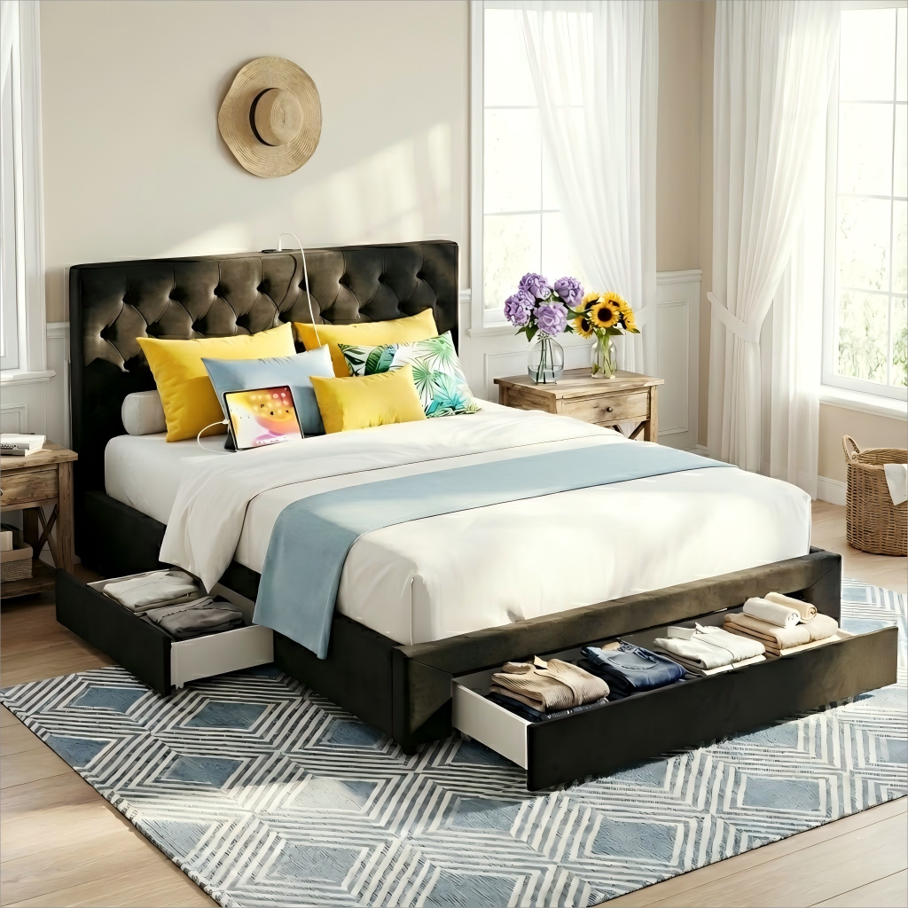 Artiss King Bed Frame Storage Charging Station Upholstered 3 Drawers USB Type-C