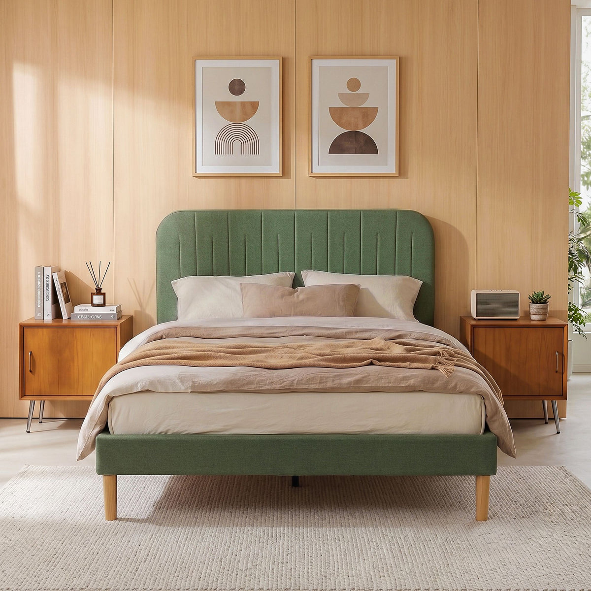 Artiss Double Bed Frame, Green Fabric, Padded Headboard, 300kg Capacity