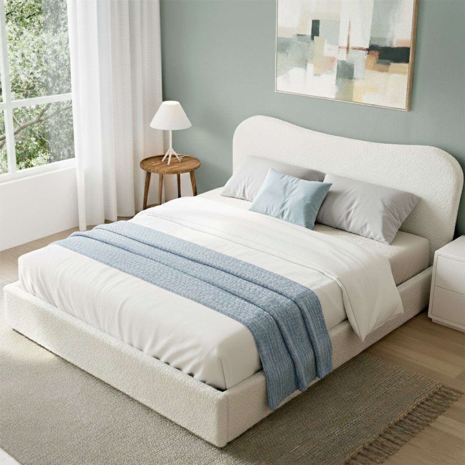 Artiss Double Bed Frame with Gaslift Storage Wooden Platform Mattress Base Boucle Upholstered White