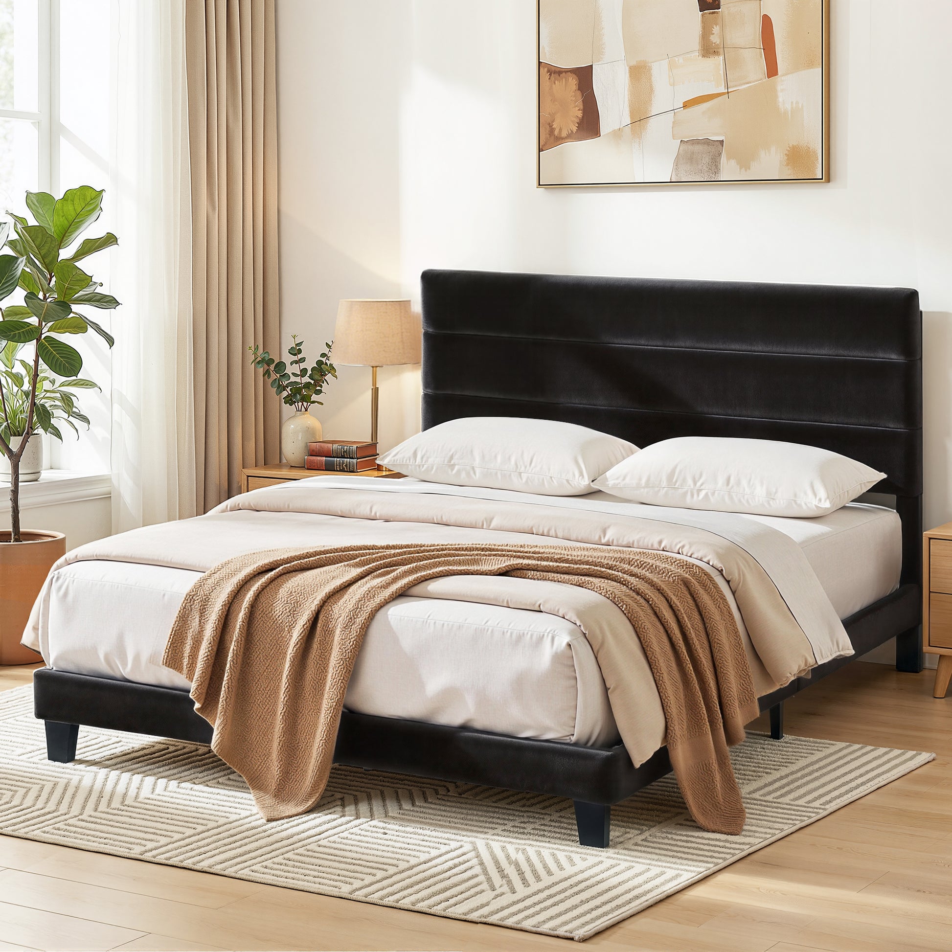 Artiss King Bed Frame Upholstered Platform Base with Geometric Headboard Black Velvet
