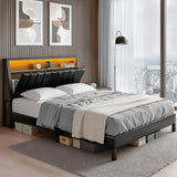 Artiss Queen Bed Frame LED Storage Headboard with Charging Station Black
