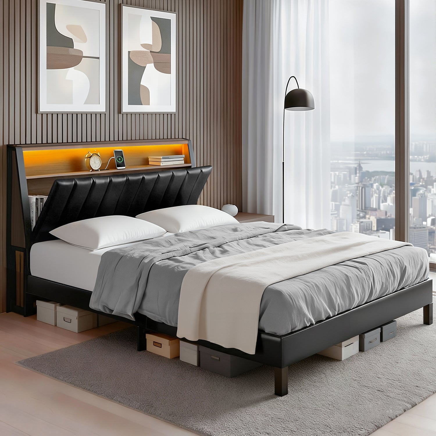 Artiss Queen Bed Frame LED Storage Headboard with Charging Station Black