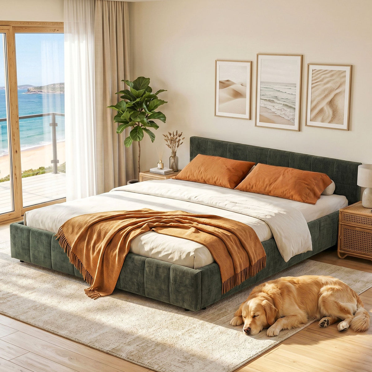 Artiss Double Bed Frame Chenille Heavy Duty Platform Base Green 300kg Support No Box Spring Needed