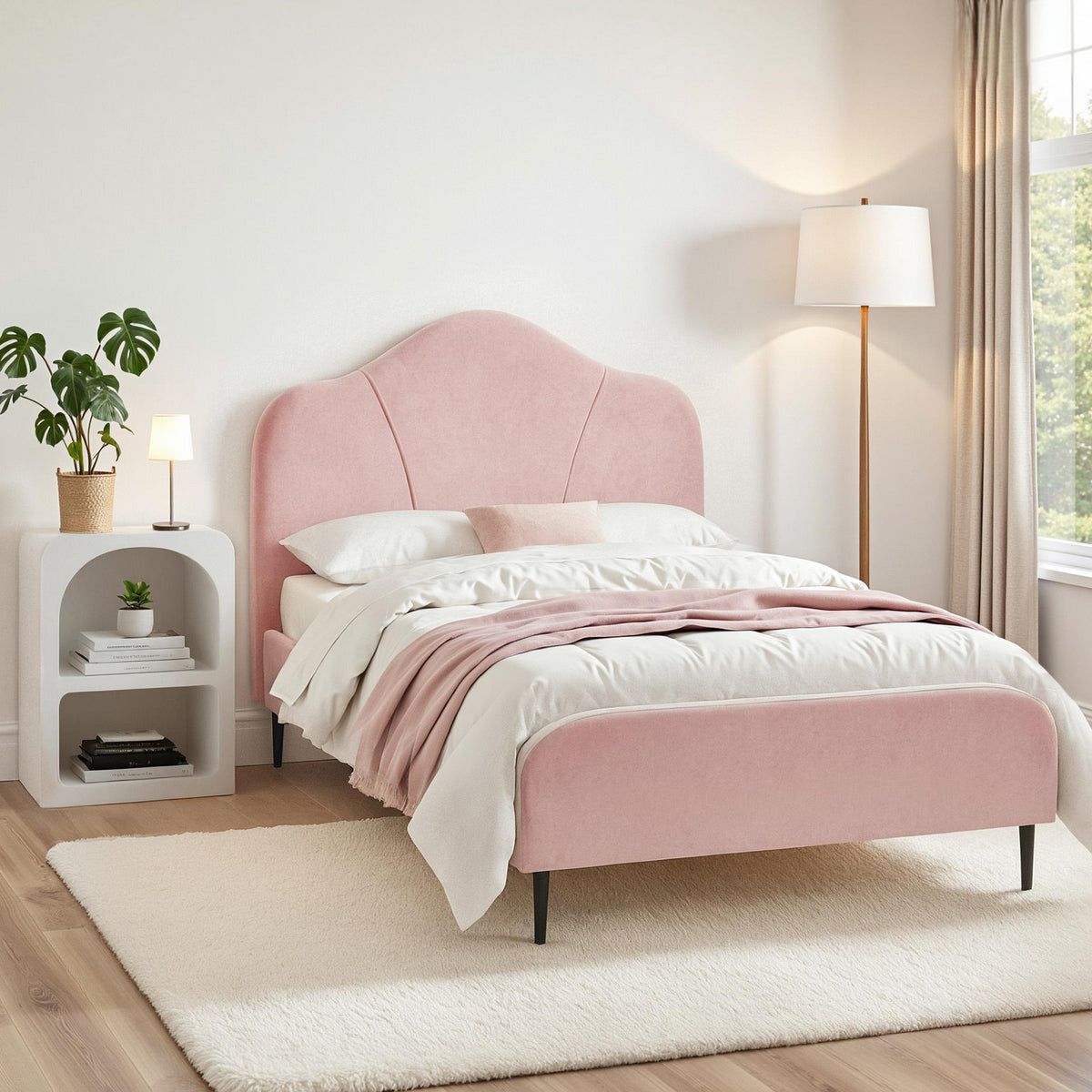 Artiss King Single Storage Bed Frame Velvet with Bedside Table Pink
