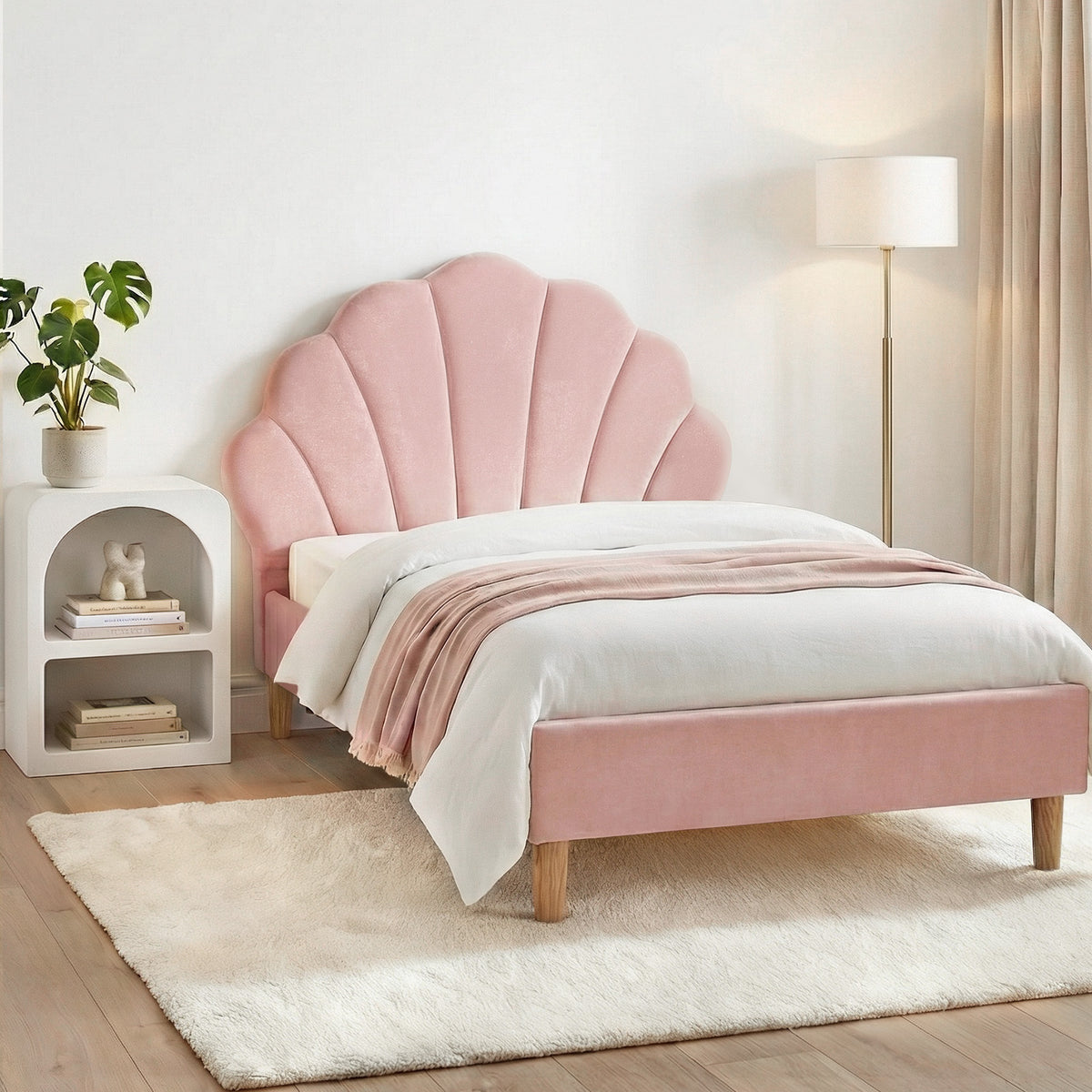 Artiss Bed Frame King Single with Bedside Table Set Scallop Headboard Pink Velvet Fabric Beds Base