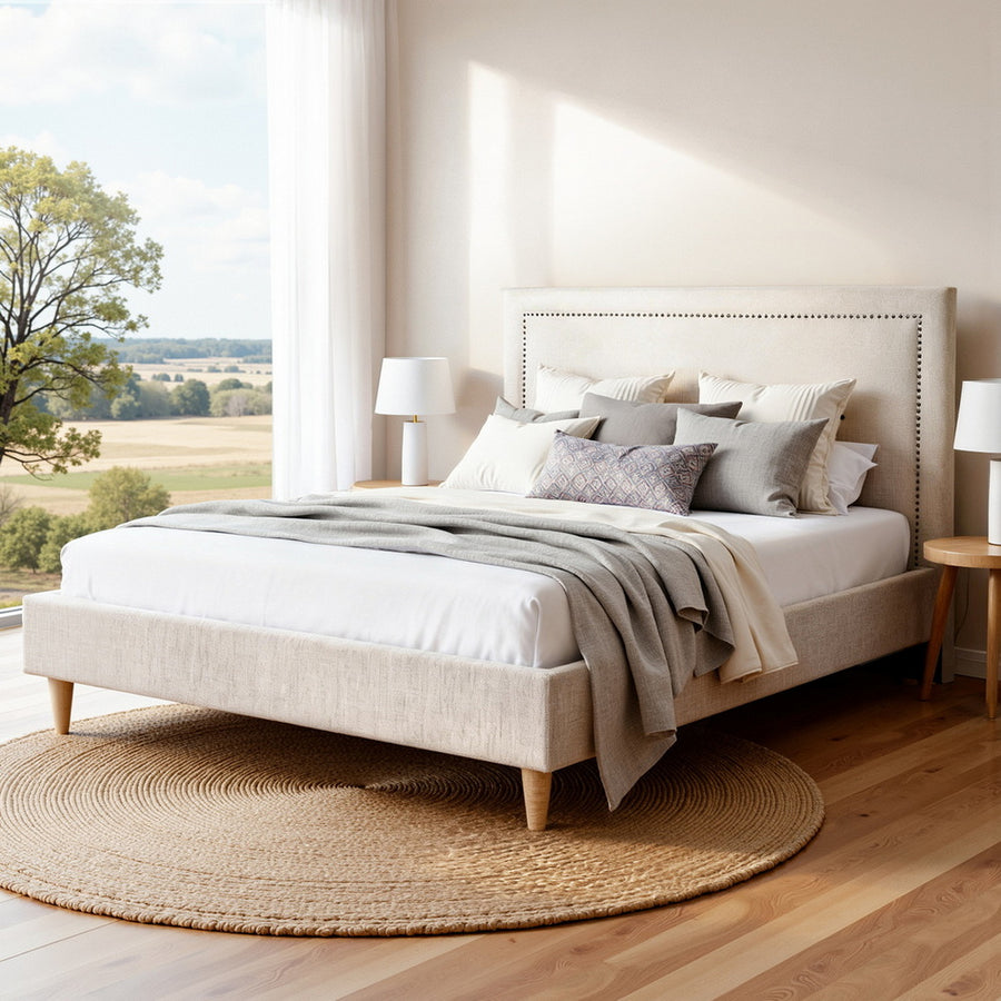 Artiss Queen Bed Frame Platform Bed Base Upholstered Headboard Linen Fabric Beige