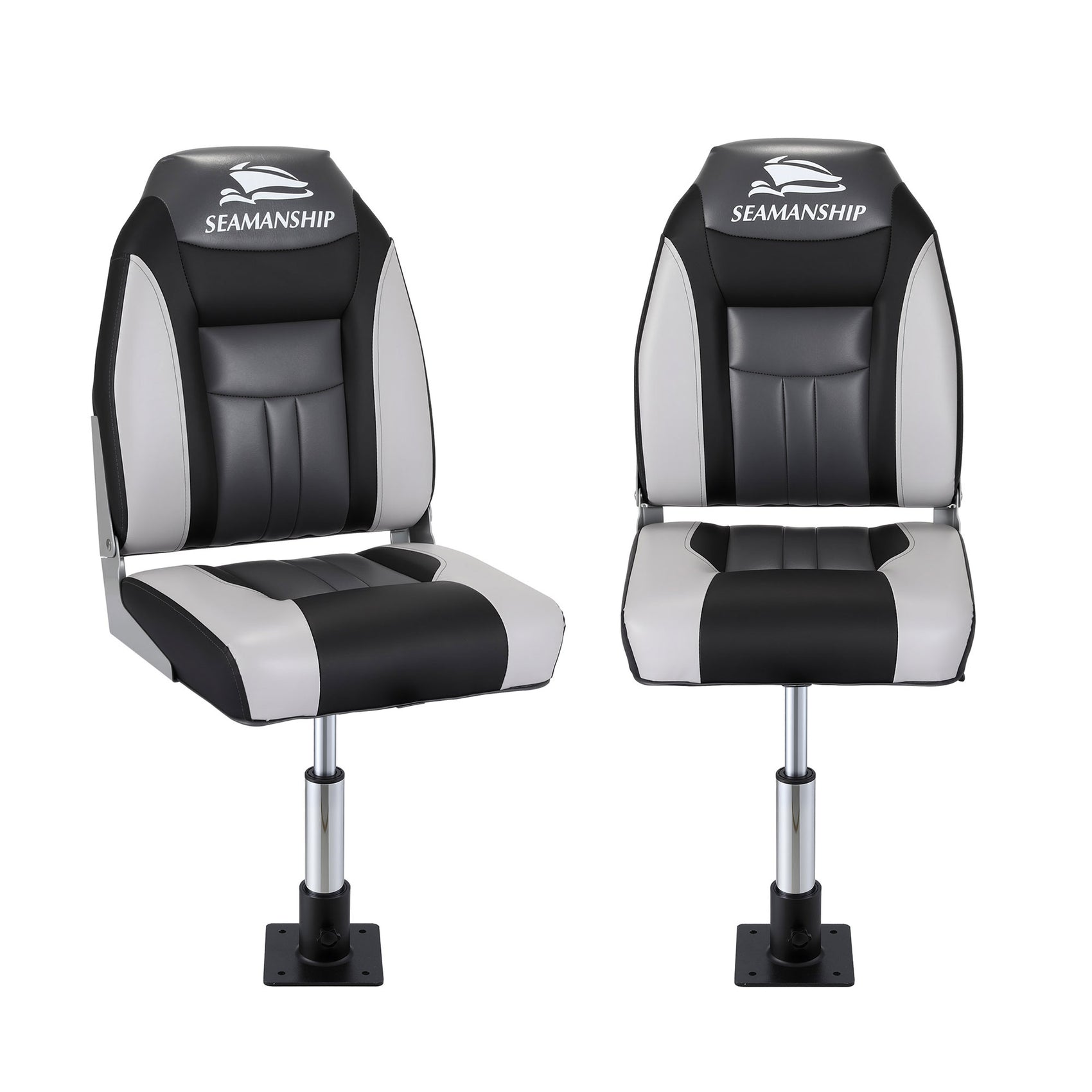 Seamanship 2X Folding Boat Seats with 2X Adjustable Pedestals 34–46cm Marine Seat Swivel High Back 12cm Padding Black