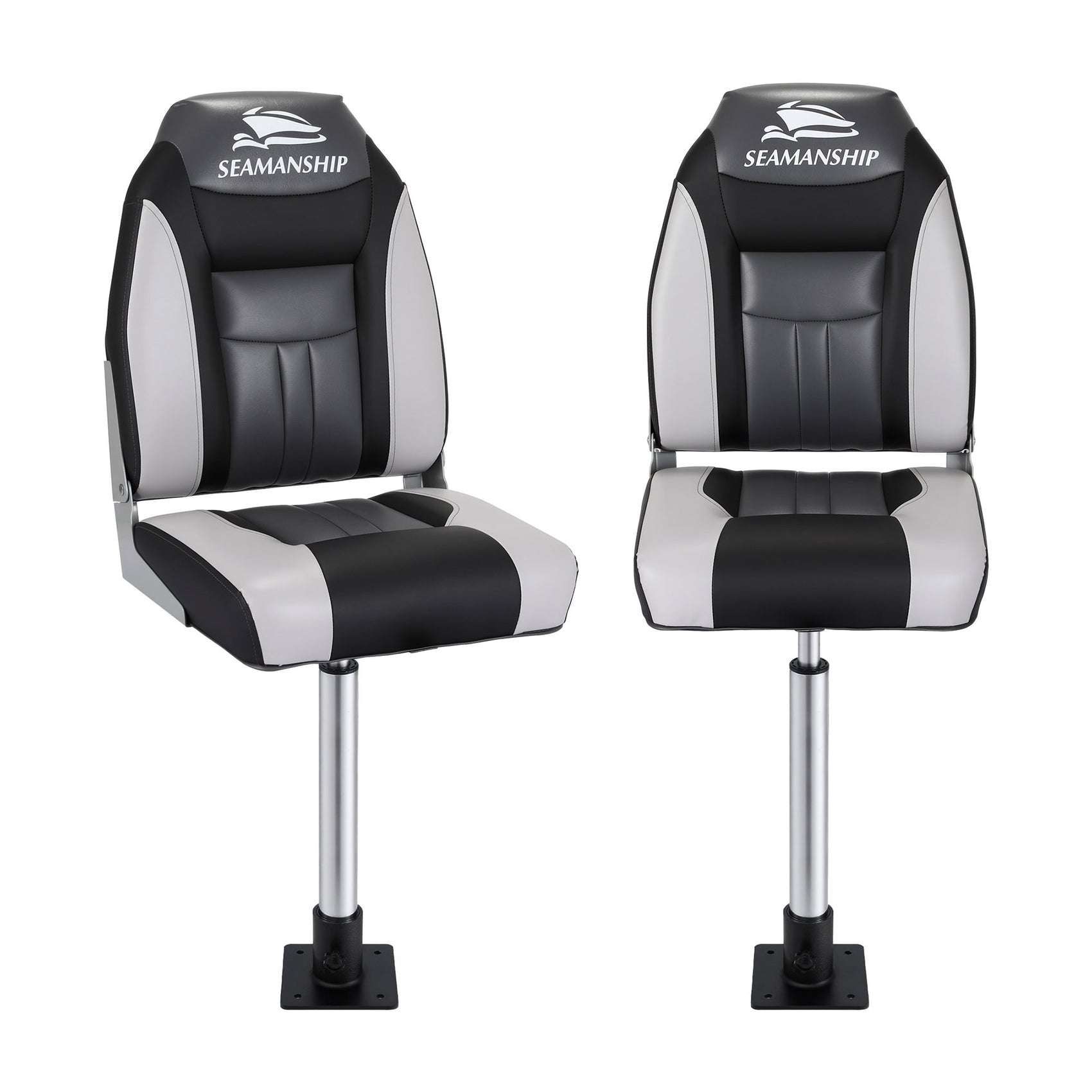 Seamanship 2X Folding Boat Seats with 2X Adjustable Pedestals 55–75cm Marine Seat Swivel High Back 12cm Padding Black