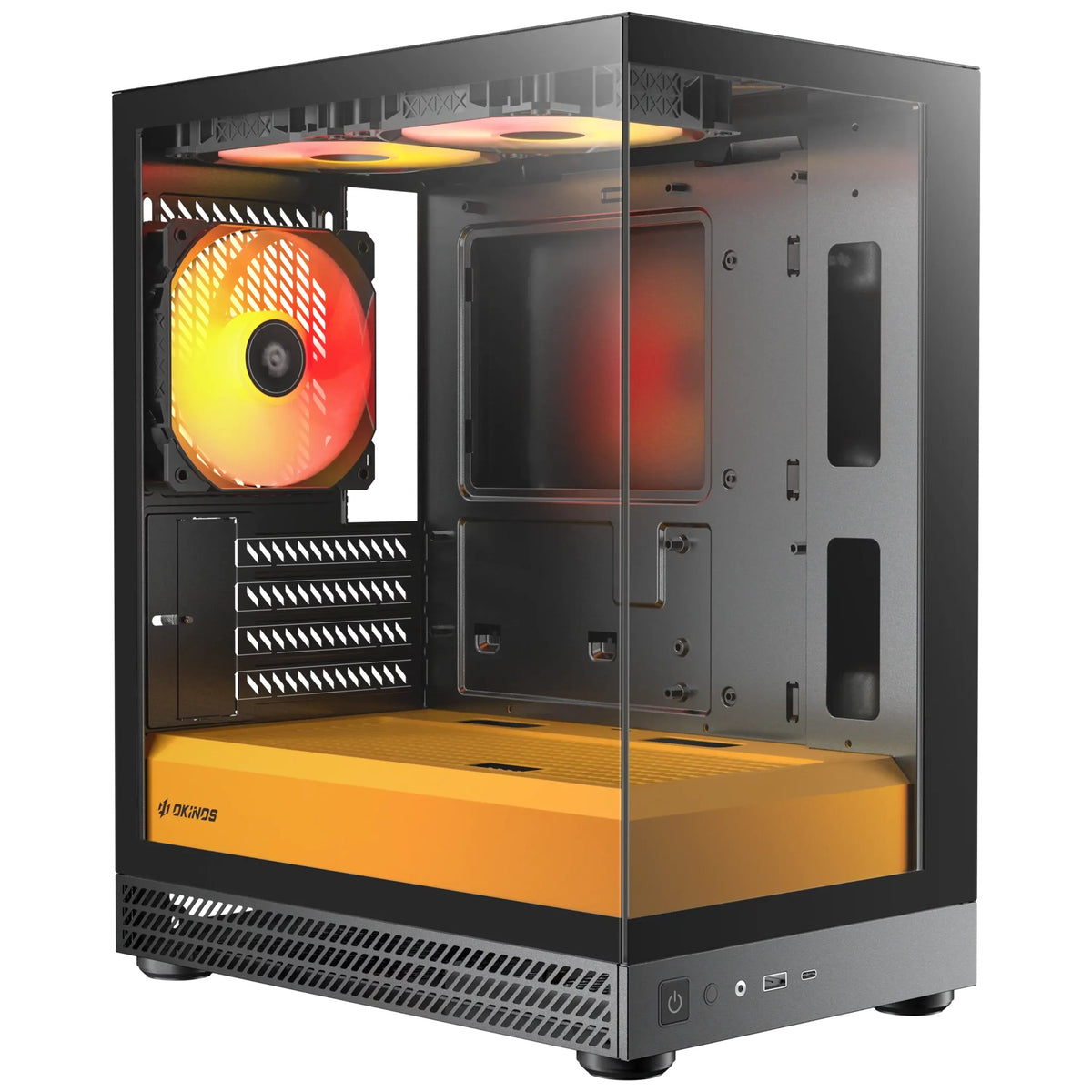 OKINOS AQUA UNO CANARY, Mini Tower, Micro-ATX/ITX, tempered glass, 3Ã—120mm ARGB fans, USB 3.0 + Type-C, â‰¤309mm GPU, â‰¤165mm CPU cooler, steel