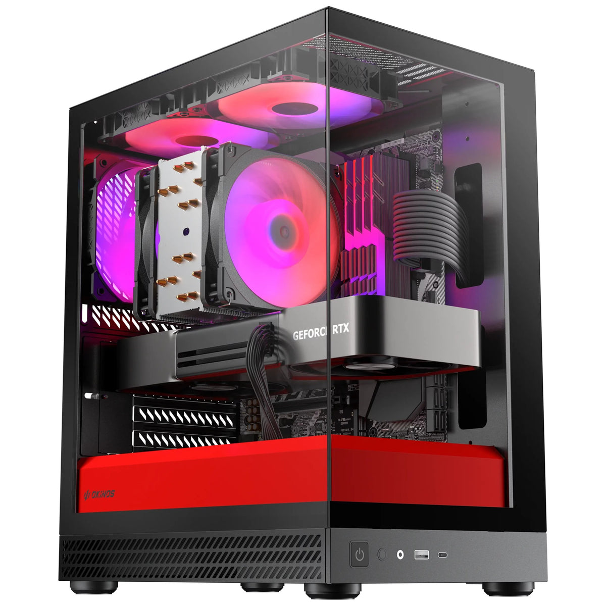 OKINOS AQUA UNO SCARLET, Mini Tower, Micro-ATX/ITX, 270Â° Tempered Glass, USB-C 5Gbps, 3Ã— ARGB Fans, 309mm GPU, Dust Filters