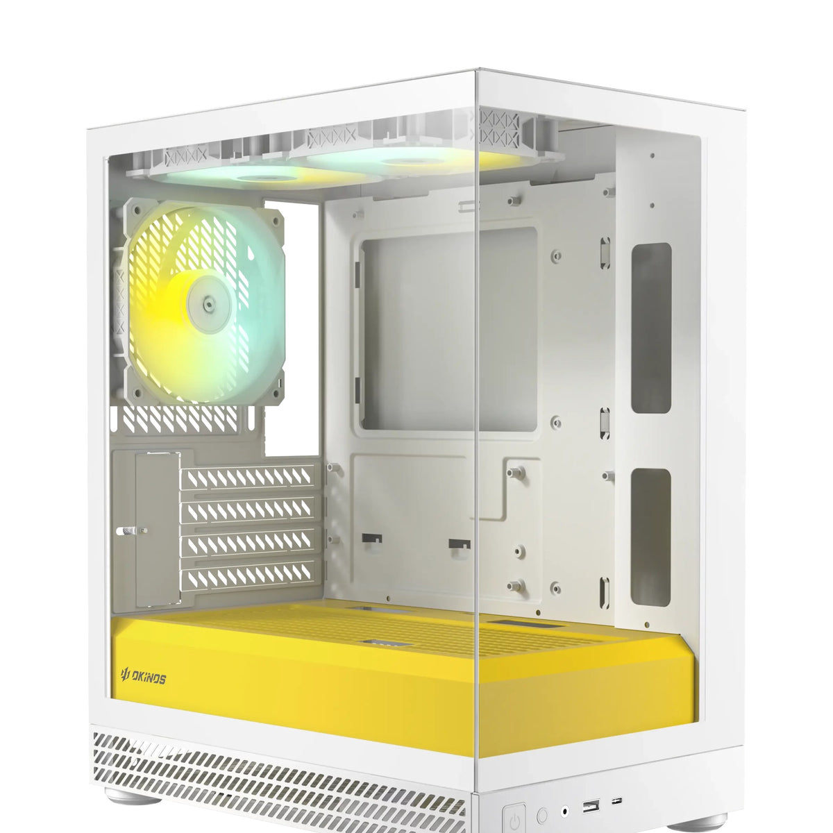 OKINOS AQUA UNO YOLK, Mini Tower, Micro-ATX/ITX, tempered glass, 3Ã—120mm ARGB fans, USB 3.0 + Type-C, â‰¤309mm GPU, â‰¤165mm CPU cooler, steel