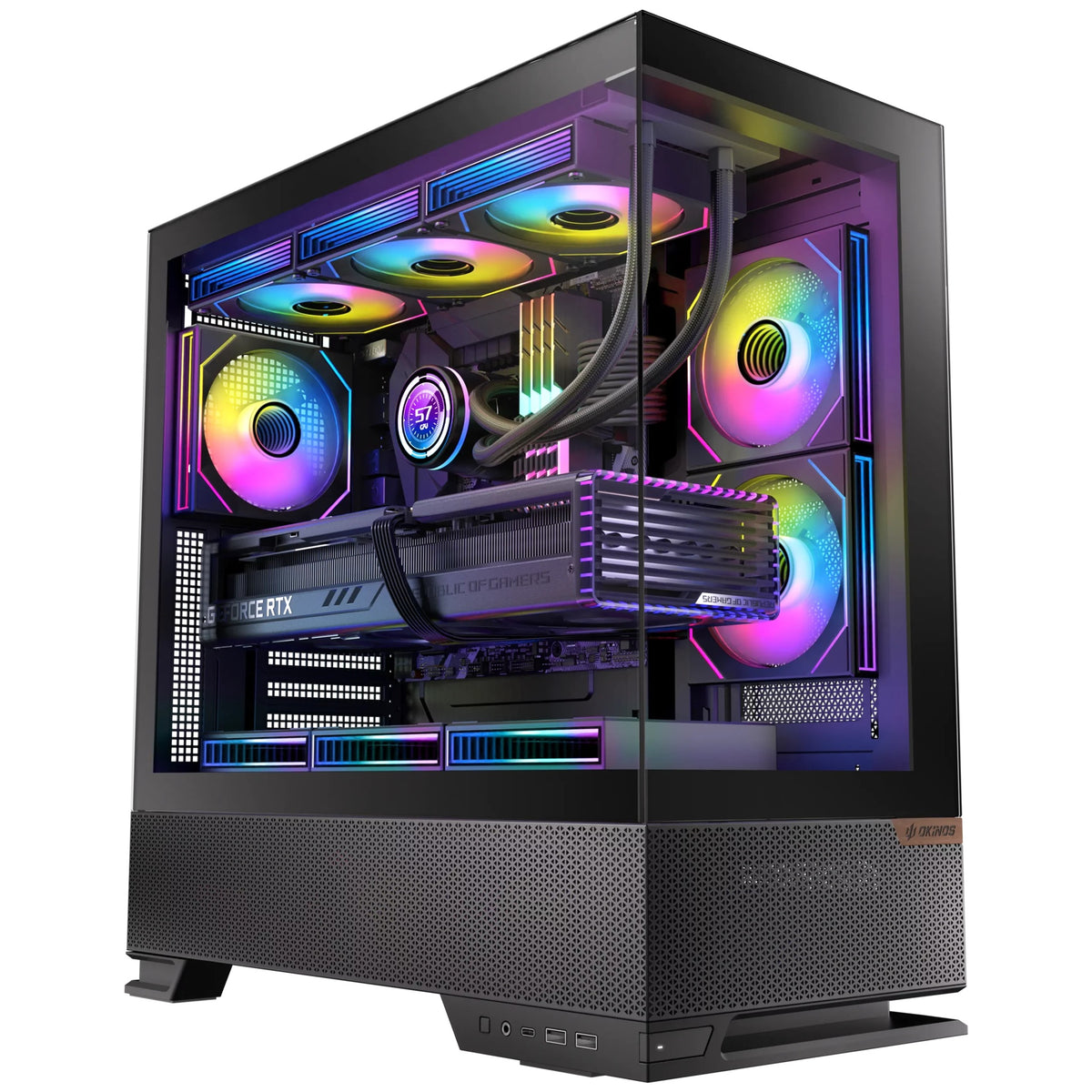 OKINOS Aqua 6 Infinity - Black, Mid Tower, ATX/Micro-ATX/ITX, 270Â° TG, USB-C 10Gbps, 3Ã— ARGB PWM Fans, 360mm Rad, 435mm GPU
