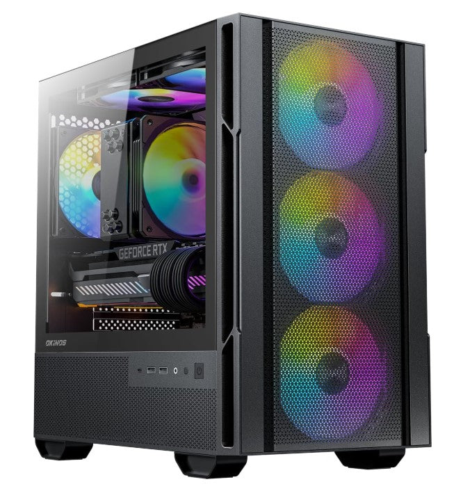 OKINOS Cypress 3 ARGB Micro ATX Case, 4 Ã— 120mm ARGB Non-PWM Case Fans Pre-Installed, MATX PC Case, Temper Glass Side Panel, with Type-C, Black