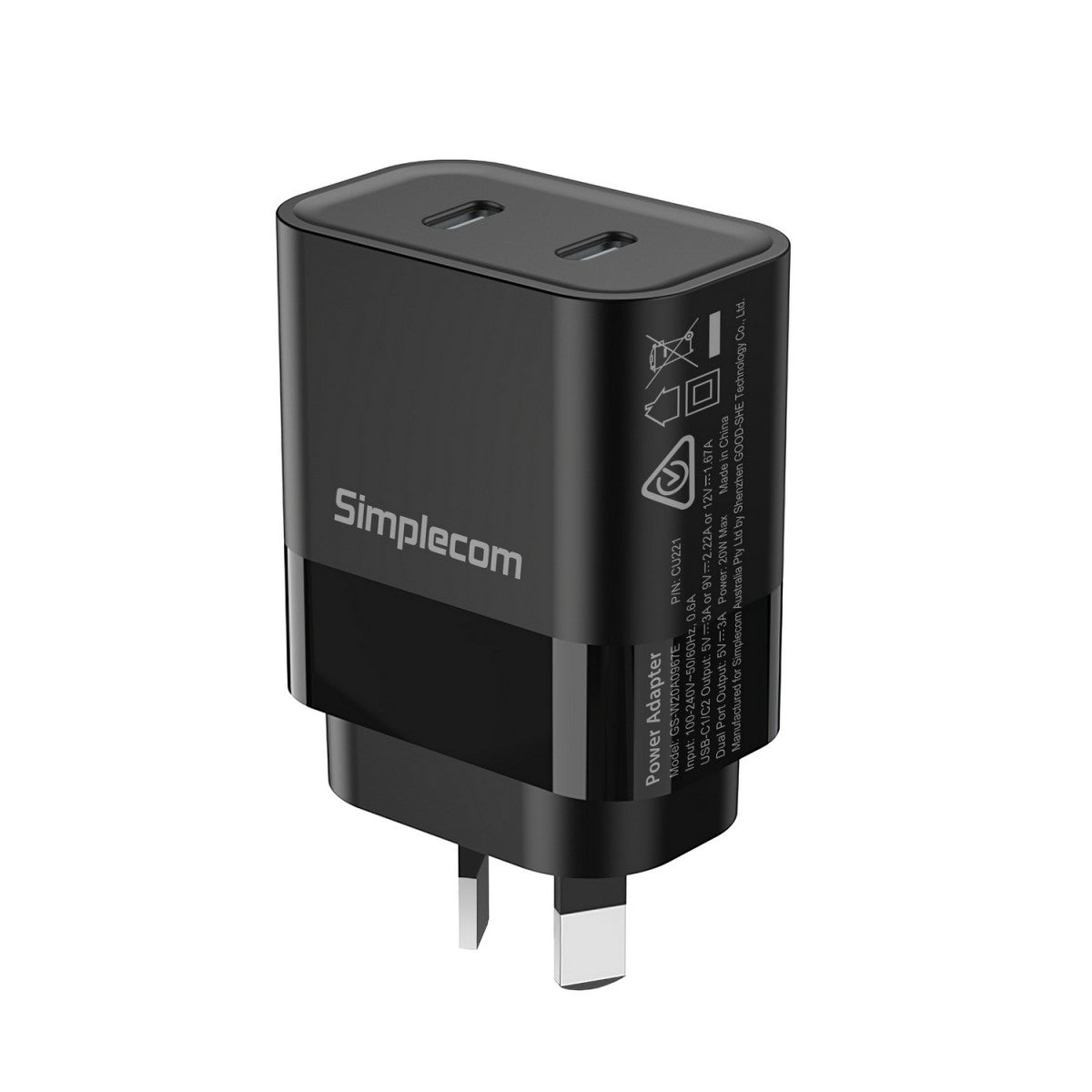 Simplecom CU221 Dual USB-C Fast Wall Charger PD 20W for Phone Tablet(LS)