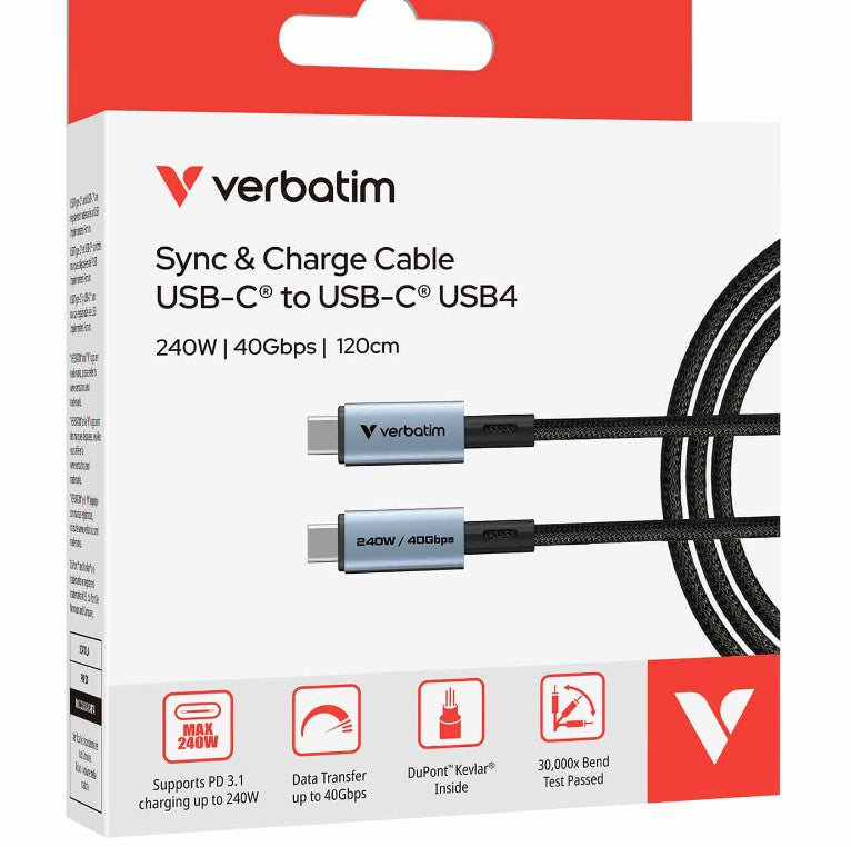 Verbatim Sync & Charge USB-C to USB-C USB4 Cable, 240W PD 3.1, 40Gbps data transfer, Kevlar core, 30,000 bend tested, 120cm