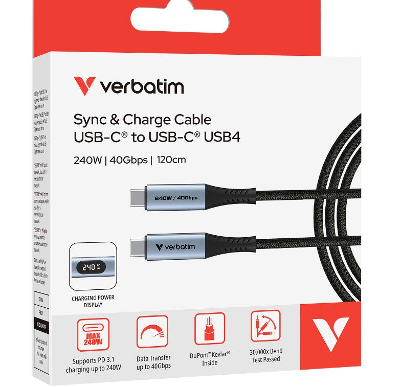 Verbatim Sync & Charge USB-C to USB-C USB4 Cable, 240W PD 3.1, 40Gbps data, LED power display, Kevlar core, 30,000 bend tested, 120cm