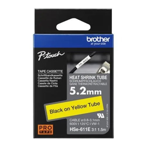 Brother HSE-611E - 5.2MM BLACK ON YELLOW HEAT SHRINK TUBE CATRIDGE 3:1 (compatible with PT-E300VP/E550WVP/D800W/P750W/P900W/P950NW)
