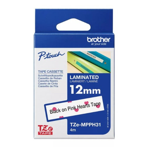 Brother PATTERN TAPE BLACK ON PINK HEARTS 12MM X 4M