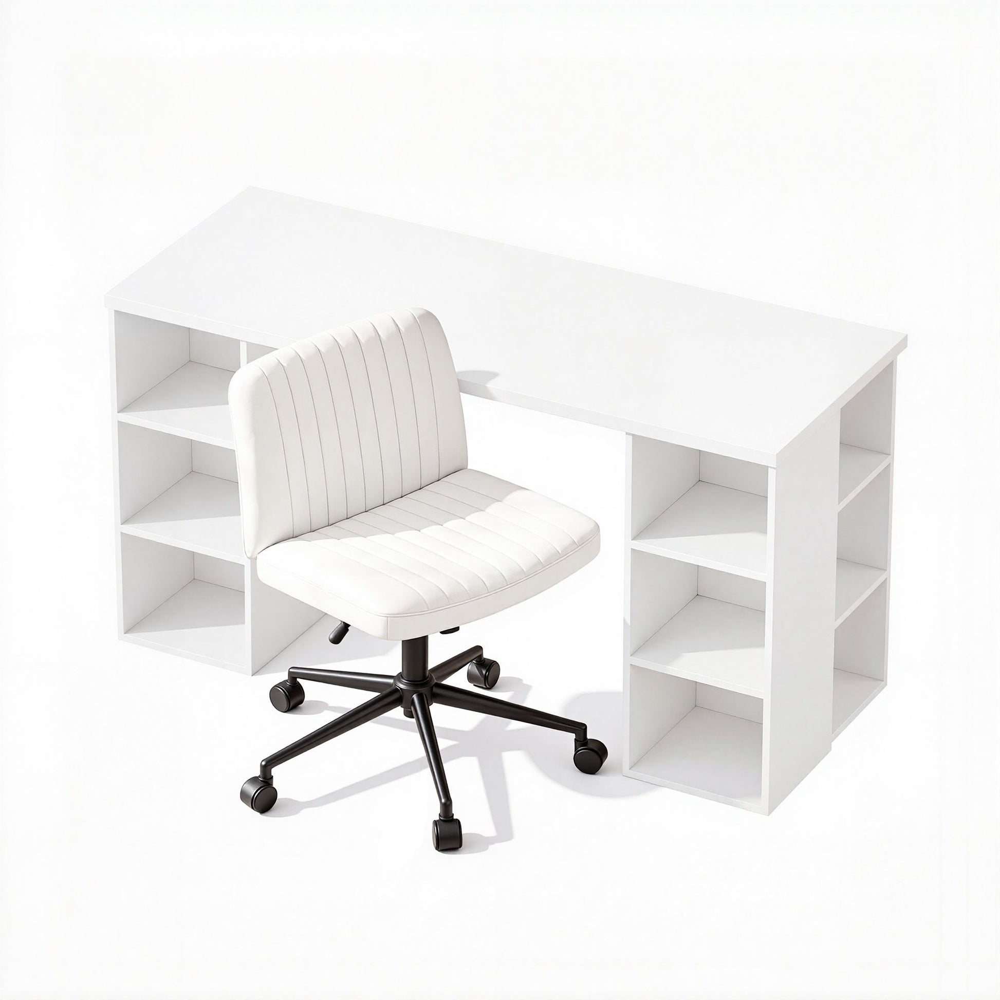 Artiss Office Desk & Chair Set 150cm Computer Desk with 6 Storage Shelves & Ergonomic Cross Legged Chair Armless Cross PU Leather Office Chair with Wheels