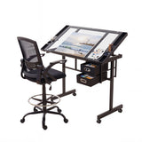 Artiss Drawing Table with Ergonomic Office Chair, Drafting Tables with Tempered Glass Desktop, Removable Drawers, Drafting Stool with Height Adjustable for Artwork Painting Studio