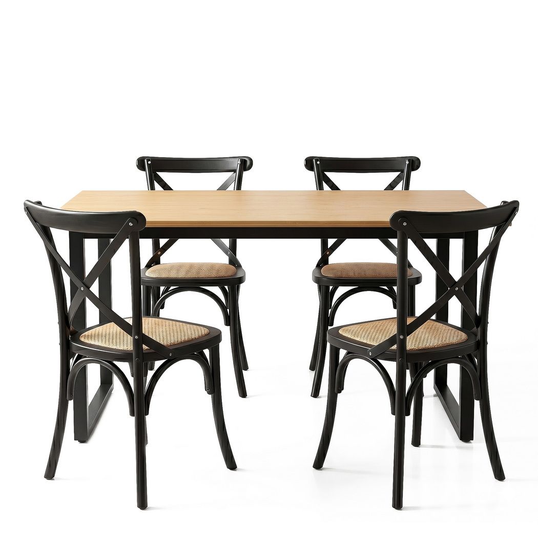 Artiss Dining Table and Chairs Set 5PCS Industrial 4 Black Rattan Chairs for Kitchen, Dining Room, Café 