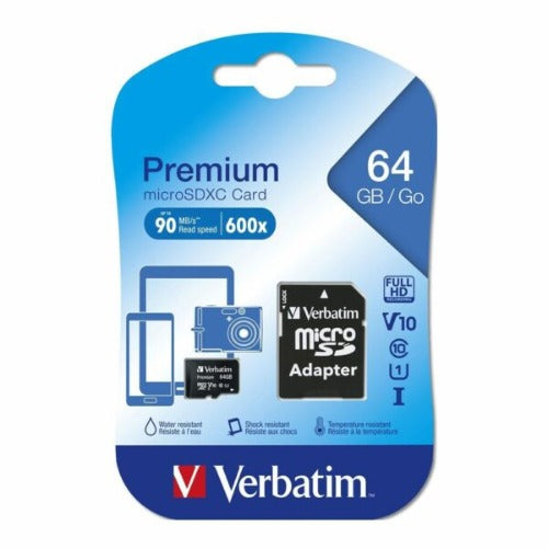Verbatim 64GB Micro SDXC Card Class 10 UHS-I With Adaptor Up to 45MB/Sec 300X read speed