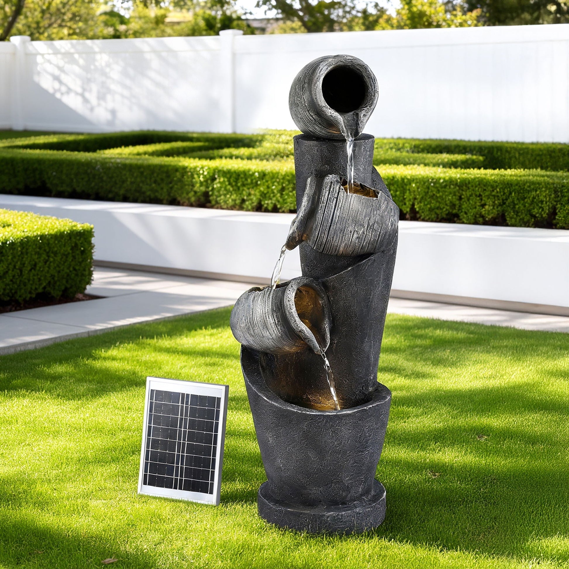 Gardeon Solar Fountain Water Feature Cascading Fountain 3-Tier Pot LED Lights 80CM Grey