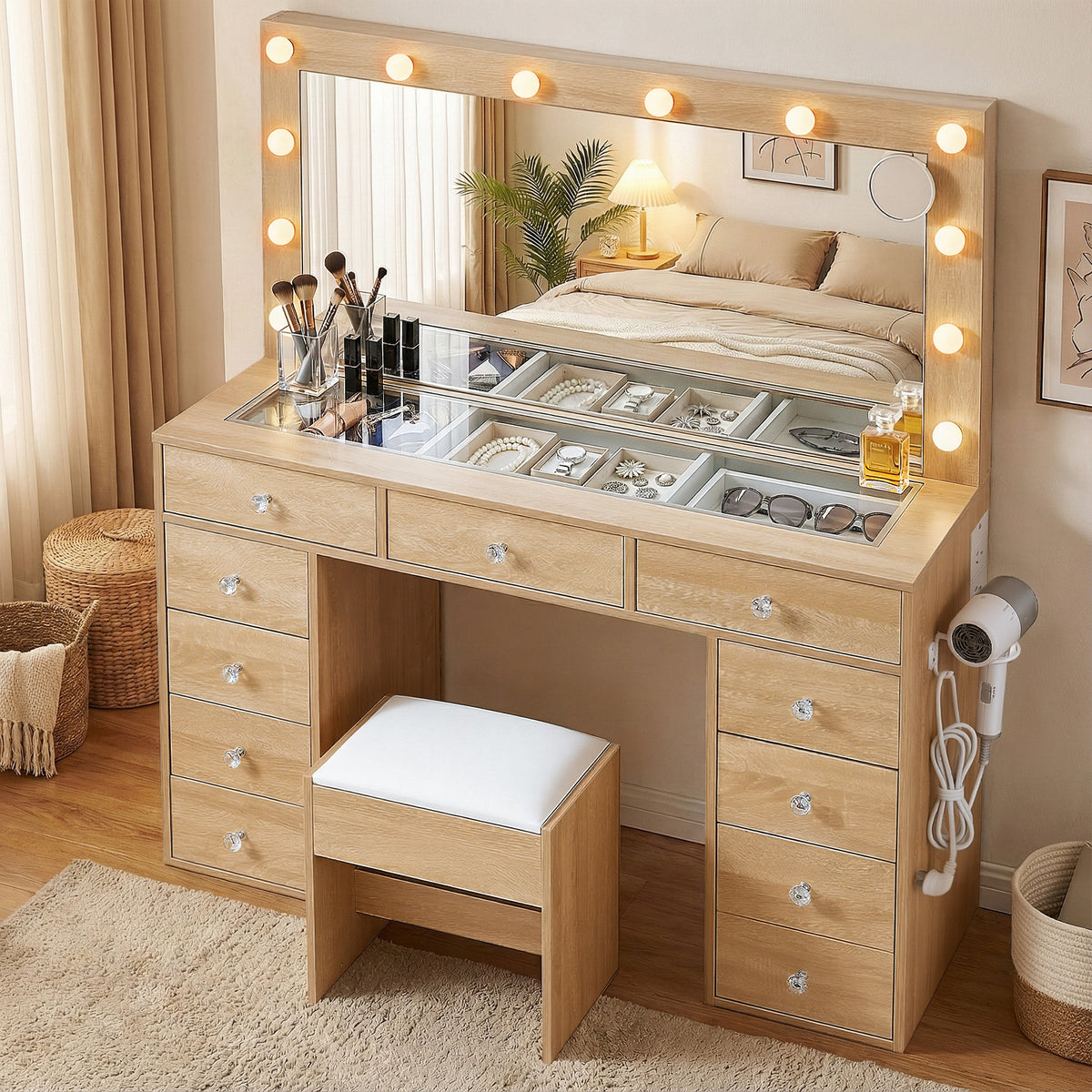Artiss Dressing Table Vanity Desk Set Stool LED Bulbs Wood