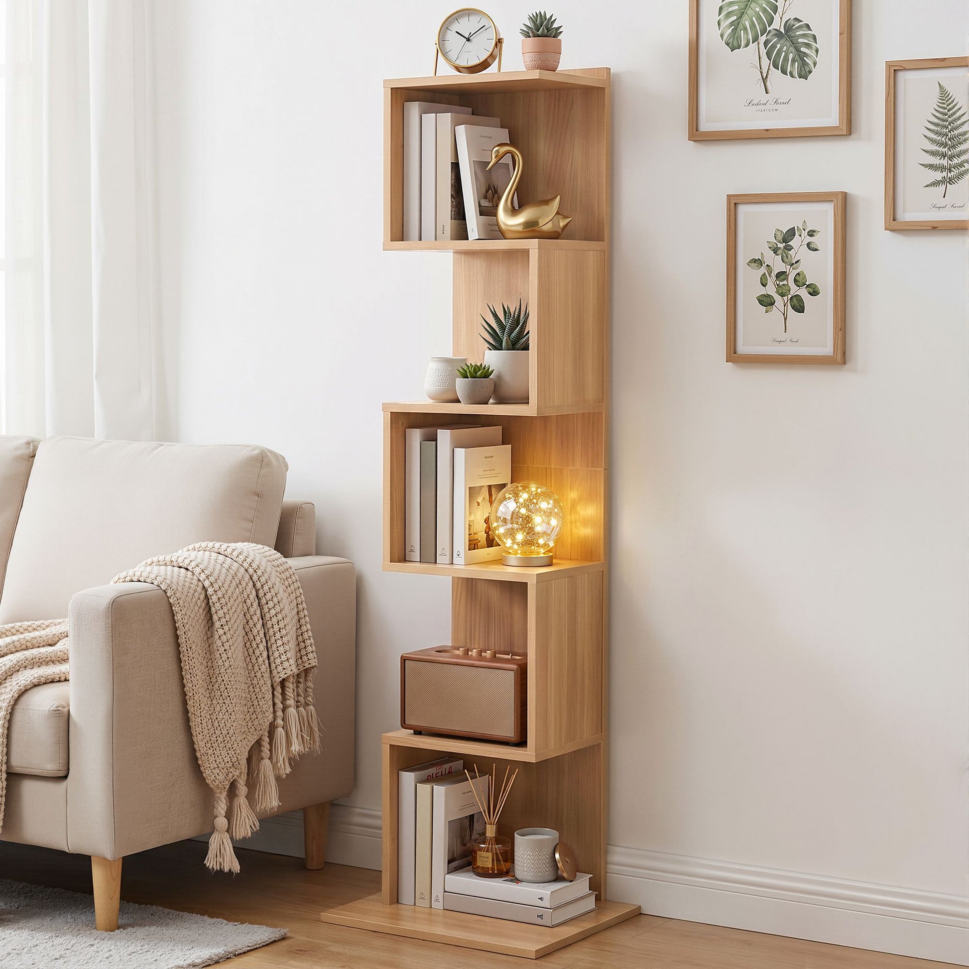  Artiss 5 Tiers Bookshelf S-shaped Bookcase Oak