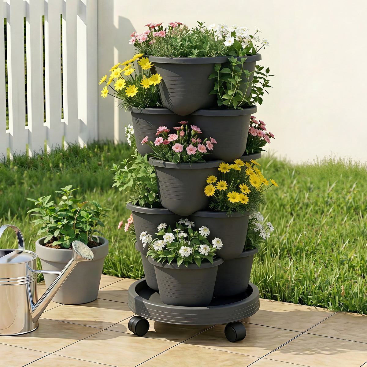 Green Fingers 5 Tier Vertical Garden Planter, Stackable Planters with 4 Wheels, Black, Raised Garden Bed, Garden Tower Indoor Outdoor, Auto Drainage System, for Strawberries, Herbs, Flower, Vegetables