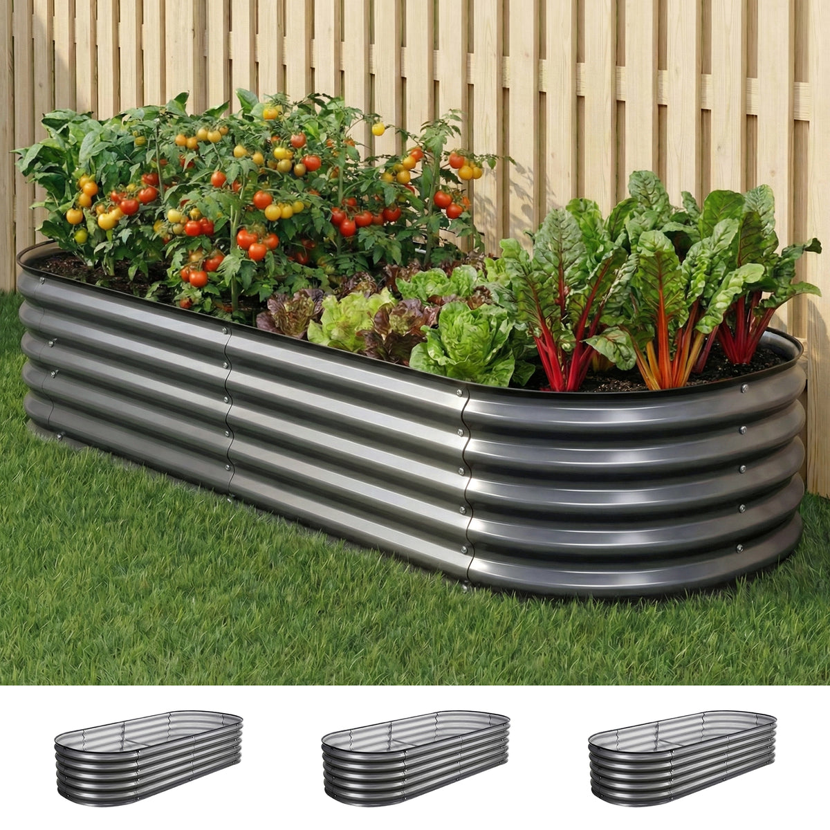 Green Fingers 3 Pcs Raised Garden Bed Kit Oval Galvanized Steel Planter Boxes 160x80x42cm, Heavy Duty Metal Elevated Garden Bed for Vegetables Flowers Herbs, with Safety Edging, Gloves & Pegs Included